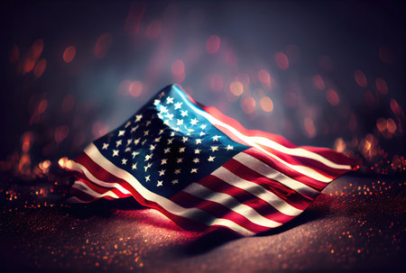 The United States of America USA flag with colorful shiny bokeh light background. Nation flag in the dark with illumination light. National day concept. Generative AIの素材