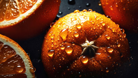 Close up of clean oranges with water drop in dark black background. Fresh fruit and Vegetable concept. Nutrition and vitamin theme. Generative AIの素材