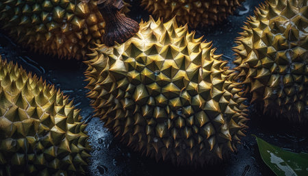Close up of Durians in dark black background. Fresh fruit and Vegetable concept. Nutrition and vitamin theme. Generative AIの素材