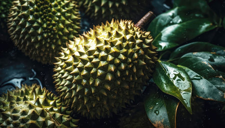 Close up of Durians in dark black background. Fresh fruit and Vegetable concept. Nutrition and vitamin theme. Generative AIの素材