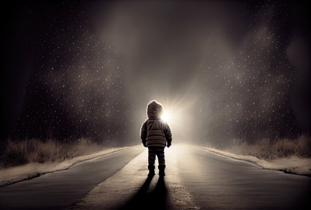 Back view of lost child was standing in the middle of a street lit by the headlights of cars in the dark background. People and lifestyles concept. Digital art illustration. Generative AIの素材