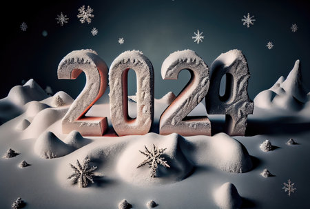 Happy New Year 2024 number on snowy winter season background. Holiday and culture concept. Digital art illustration. Generative AIの素材