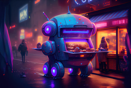 Mobile robot fast food vending machine stall kiosk and restaurant shop on modern background. Technology and business concept. Generative AIの素材