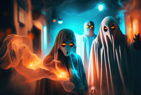 Crowd people celebrate the Halloween day party by dressing up in ghost and devil costumes and dancing happily in night lighting scene. Holiday festival concept. Digital art illustration. Generative AIの素材