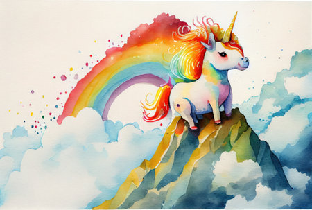 White unicorn is stepping up the stairs to reach the top of success on rainbow background. Business metaphor and success concept. Digital art fantasy illustration. Generative AIの素材