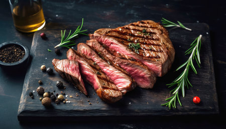 Sliced medium rare grilled steak ribeye with rosemary on wooden board at the kitchen. Food and Gourmet concept. Generative AIの素材