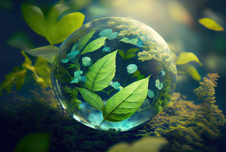 Water drop in earth shape with green leaves in the jungle. World Environment Day and World Water Day concept. Environmental protection theme. Generative AIの素材