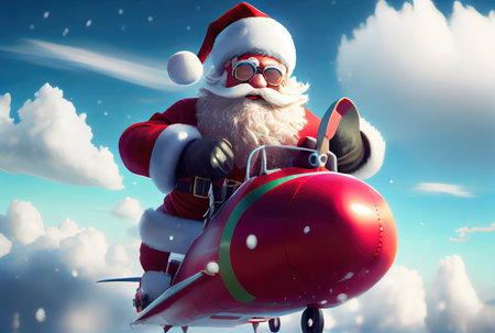 Santa Claus flying on a propeller plane above the blue sky and cloudy background. Merry Christmas and Happy new year concept. Digital art illustration. Generative AIの素材