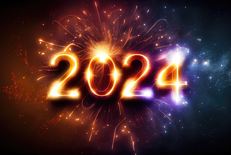 2024 New Year celebration with colorful fireworks on dark background. Happy New Year the year of Dragon and Greeting card concept. Generative AIの素材