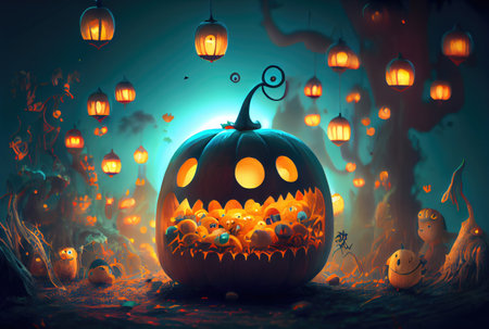 Cute Jack O Lantern pumpkins in the Halloween party at spooky black forest background. Horror and mystery concept. Generative AIの素材