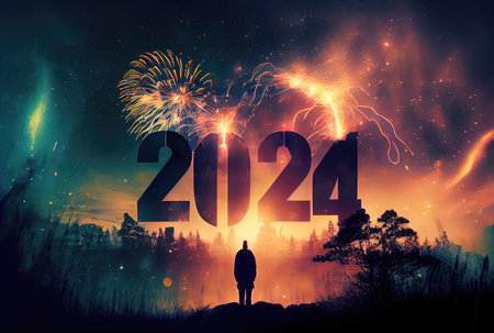 Happy New Year 2024 with single backpacker lonely man in forest and fireworks background. Holiday and culture concept. Digital art illustration. Generative AIの素材