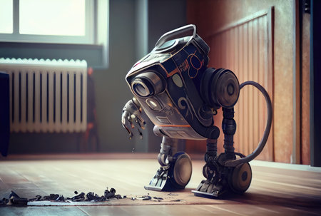 Housekeeper cleaner robot cleaning and doing housework by cleaning the wooden floor. Innovative technology and hygiene concept. Digital art illustration. Generative AIの素材