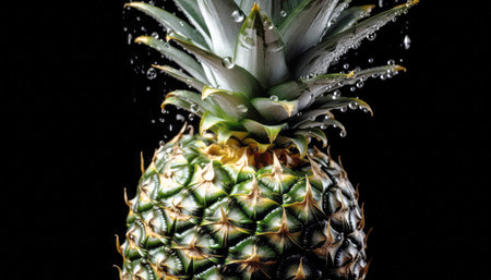 Close up of clean Pineapples with water drop in dark black background. Fresh fruit and Vegetable concept. Nutrition and vitamin theme. Generative AIの素材