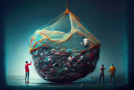 Marine litter on the beach with people volunteers background. Pollution and environment concept. Digital art illustration. Generative AIの素材