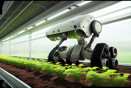 Robot farming harvesting agricultural products in greenhouse. Innovative futuristics technology and 5G smart farming concept. Generative AIの素材