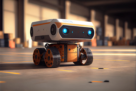 Robot AGV transporting cardboard box in warehouse background. Technology innovation and delivery concept. Generative AIの素材