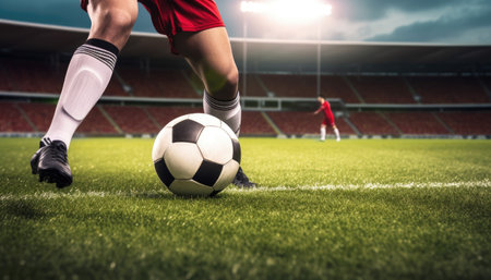 Close-up of football dribbling by soccer player in the stadium. Sport and competition concept. Generative AIの素材