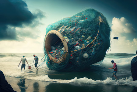 Marine litter on the beach with people volunteers background. Pollution and environment concept. Digital art illustration. Generative AIの素材