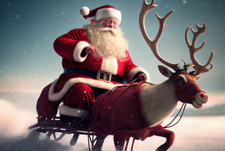 Santa Claus on the reindeer sleigh on the snow surface and night sky background. Christmas and New year concept. Digital art illustration. Generative AIの素材