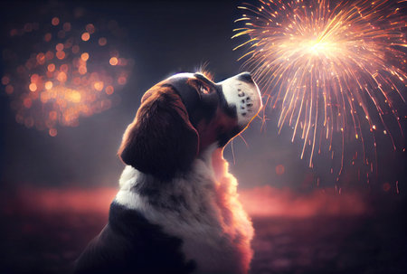 The dog is afraid and shocked by the sound of fireworks with sky background. Pet and animal concept. Digital art illustration. Generative AIの素材