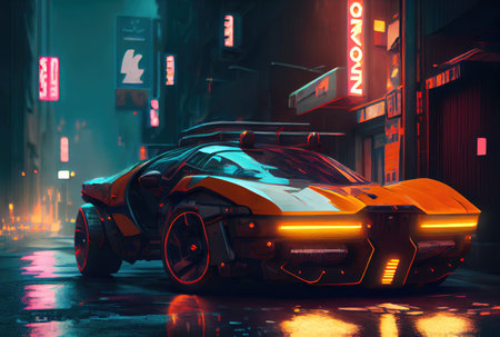 Futuristics car model in orange blue and pink color cyberpunk in dark city downtown background. Transportation and Innovative technology concept. Digital art fantasy illustration. Generative AIの素材