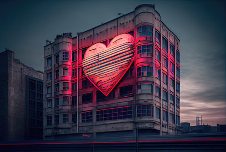 The red heart neon lighting symbol is in front of a building on the main road in the city background. Sign and symbol concept. Digital art illustration. Generative AIの素材