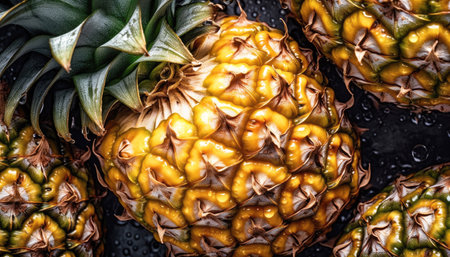 Close up of clean Pineapples with water drop in dark black background. Fresh fruit and Vegetable concept. Nutrition and vitamin theme. Generative AIの素材