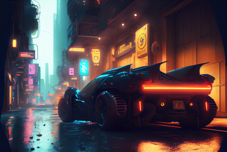 Futuristics car model in orange blue and pink color cyberpunk in dark city downtown background. Transportation and Innovative technology concept. Digital art fantasy illustration. Generative AIの素材