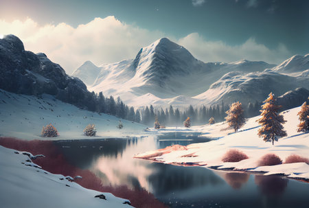 Snowy landscape with lake and pine tree mountain scene background. Nature and rural scene concept. Digital art illustration. Generative AIの素材
