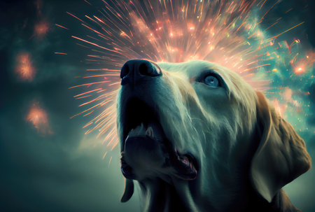 The dog is afraid and shocked by the sound of fireworks with sky background. Pet and animal concept. Digital art illustration. Generative AIの素材