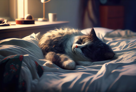 Sleepy cat on the comfortable bed in house background. Pet and animal concept. Digital art illustration. Generative AIの素材