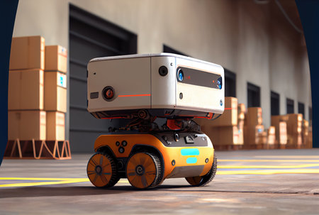 Robot AGV transporting cardboard box in warehouse background. Technology innovation and delivery concept. Generative AIの素材
