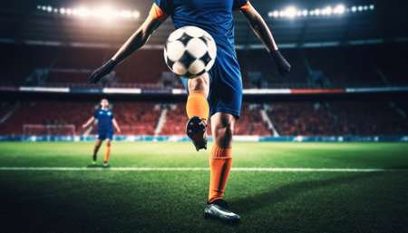 Close-up of football bouncing by soccer player in the stadium. Sport and competition concept. Generative AIの素材
