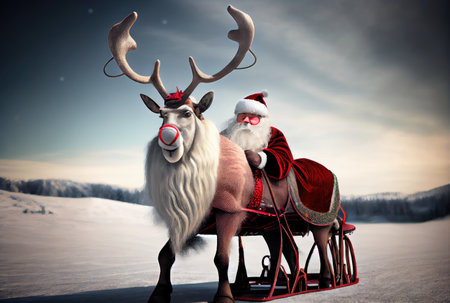 Santa Claus on the reindeer sleigh on the snow surface and night sky background. Christmas and New year concept. Digital art illustration. Generative AIの素材