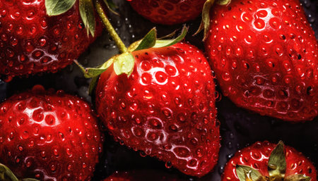 Close up of clean red Strawberries with water drop in dark black background. Fresh fruit and Vegetable concept. Nutrition and vitamin theme. Generative AIの素材