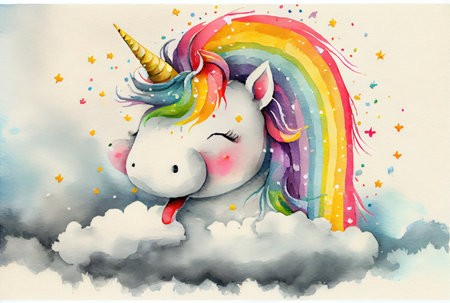 White unicorn is stepping up the stairs to reach the top of success on rainbow background. Business metaphor and success concept. Digital art fantasy illustration. Generative AIの素材
