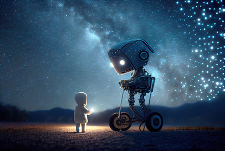 Robot nanny take care of baby to watching starry night landscape mountain and milky way sky background. People technology and Astrology science concept. Digital art fantasy illustration. Generative AIの素材