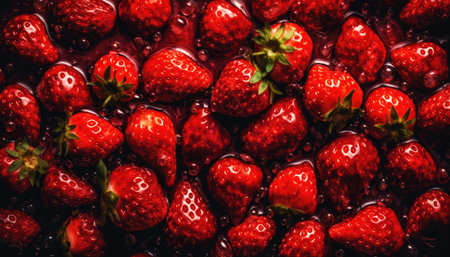 Close up of clean red Strawberries with water drop in dark black background. Fresh fruit and Vegetable concept. Nutrition and vitamin theme. Generative AIの素材
