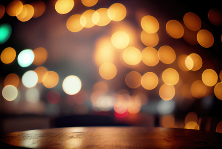 Table top in the night party with colorful bokeh background. Template and decoration concept. Digital art illustration. Generative AIの素材
