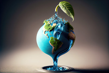 Earth in water drop shape dropping on the ground background. Environment and World savings concept. Digital art illustration. Generative AIの素材