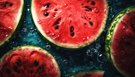 Close up of clean cut watermelon with water drop in dark black background. Fresh fruit and Vegetable concept. Nutrition and vitamin theme. Generative AIの素材