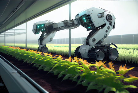 Robot farming harvesting agricultural products in greenhouse. Innovative futuristics technology and 5G smart farming concept. Generative AIの素材