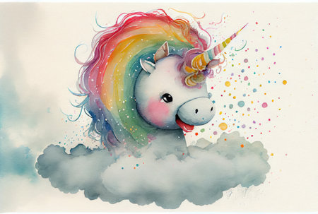 White unicorn is stepping up the stairs to reach the top of success on rainbow background. Business metaphor and success concept. Digital art fantasy illustration. Generative AIの素材
