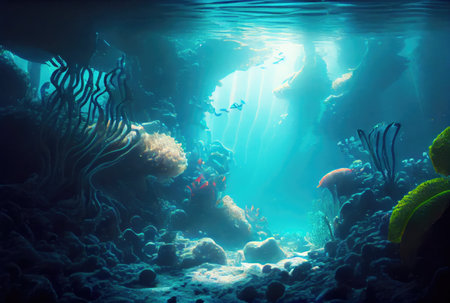 Deep sea and aquatic life with sunshine background. Digital art illustration. Marine life and undersea concept. Generative AIの素材