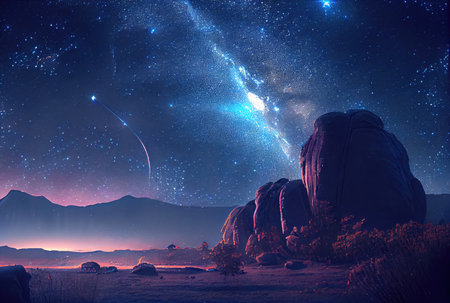 Starry night landscape with mountain and milky way sky background. Beauty in nature and Astrology science concept. Digital art fantasy illustration. Generative AIの素材