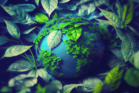 Beautiful Blue globe on the ground with decorating in summer season background. Beauty in nature and World Earth Day concept. Generative AIの素材