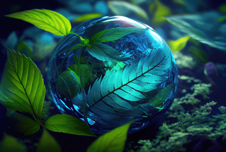 Beautiful Blue globe on the ground with decorating in summer season background. Beauty in nature and World Earth Day concept. Generative AIの素材