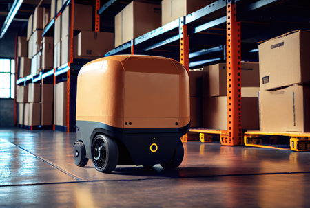 Robot AGV transporting cardboard box in warehouse background. Technology innovation and delivery concept. Generative AIの素材