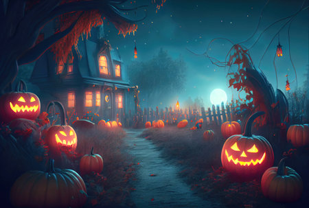 Mystery haunted house in the forest with many glowing Jack O Lantern pumpkins background. Spooky and Halloween day concept. Generative AIの素材