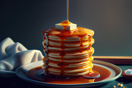 Buttermilk Pancakes in dish on the dinning table. Sweet dessert and recipe concept. Generative AIの素材